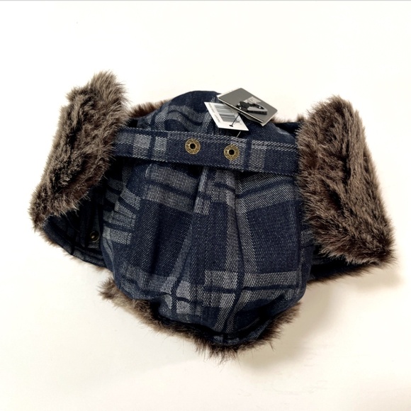 NWT True Religion Denim Faux Fur Trapper Aviator Hat Blue Plaid Logo Pocket - Picture 4 of 6